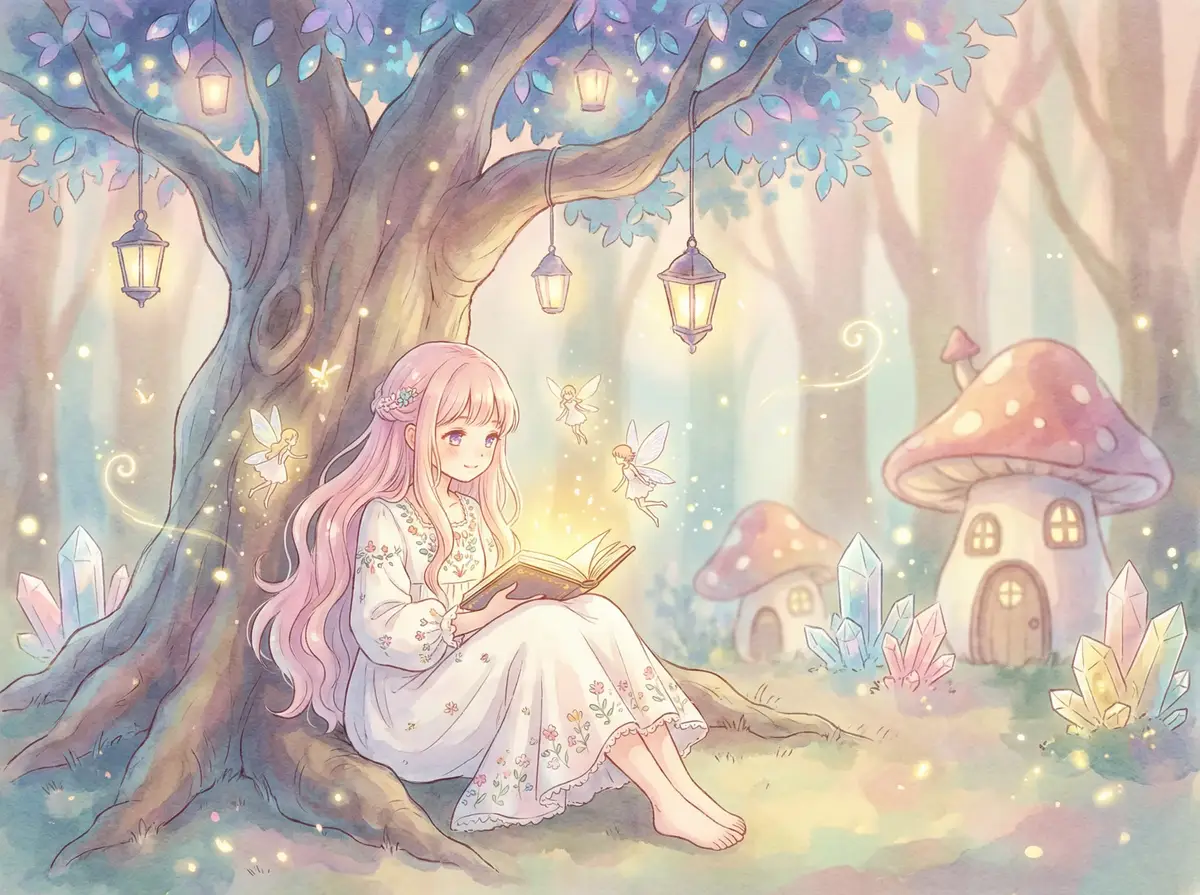 性爱自修室 - 魔法森林中阅读故事书的粉发少女与精灵